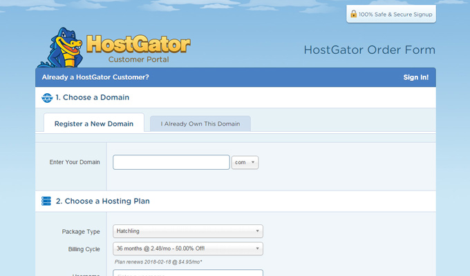 hostgator signup for new account