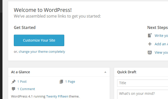 right now dashboard wordpress setup