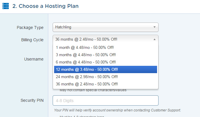 hostgator hosting plan choose dropdown