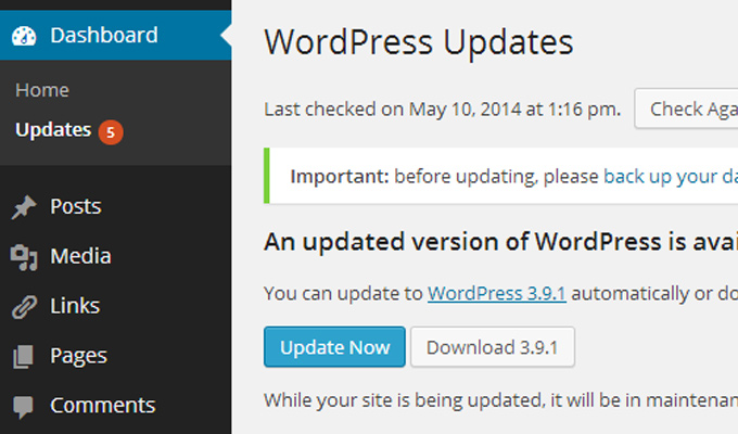 wordpress dashboard updates live link