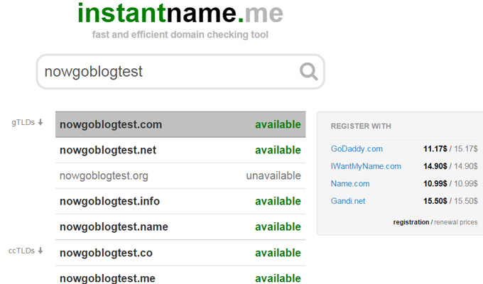 instant name me domain search