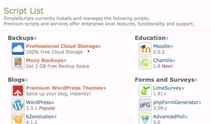 scripts install details wordpress bluehost screen