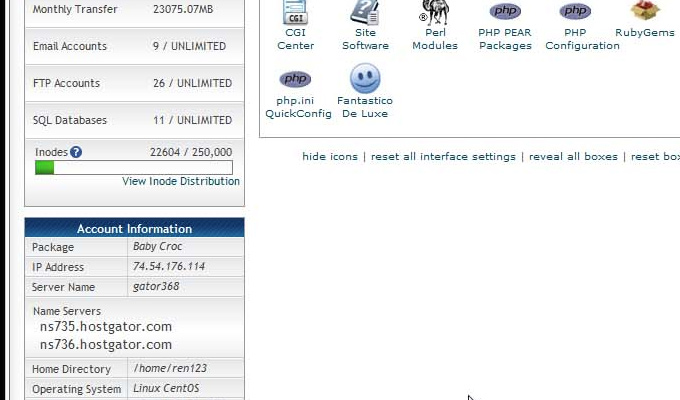 hostgator cpanel nameservers list sidebar