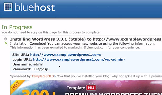 bluehost simple scripts finished install wordpress