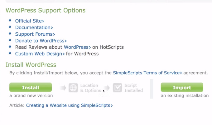 simple scripts wordpress install button