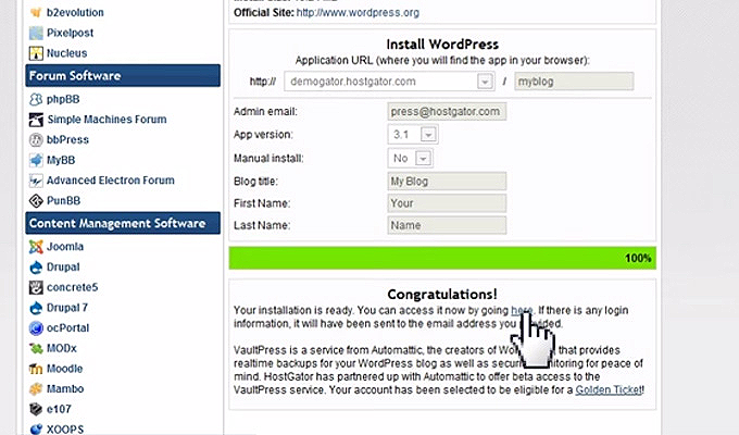 finished wordpress installation hostgator quickinstall