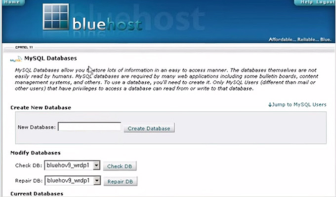 bluehost cpanel creating database info