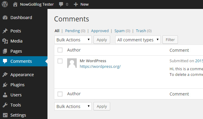 comments wordpress dashboard page