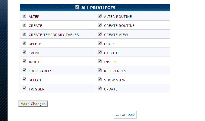 database privileges update mysql info