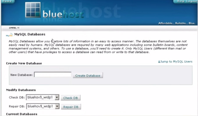 bluehost mysql setup name username database