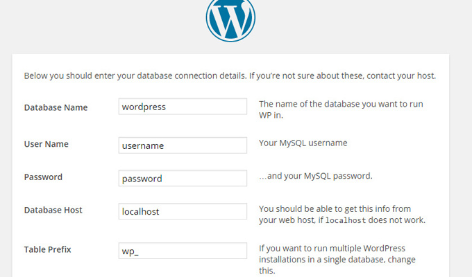 install wordpress database settings setup