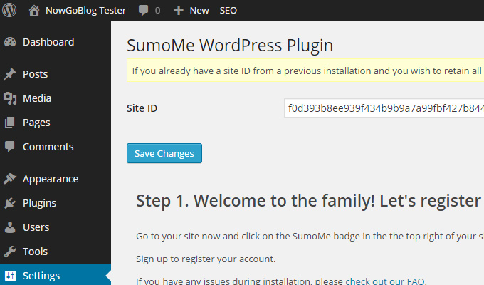 sumome wordpress setup plugin menu