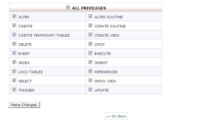 database privileges all user setup db