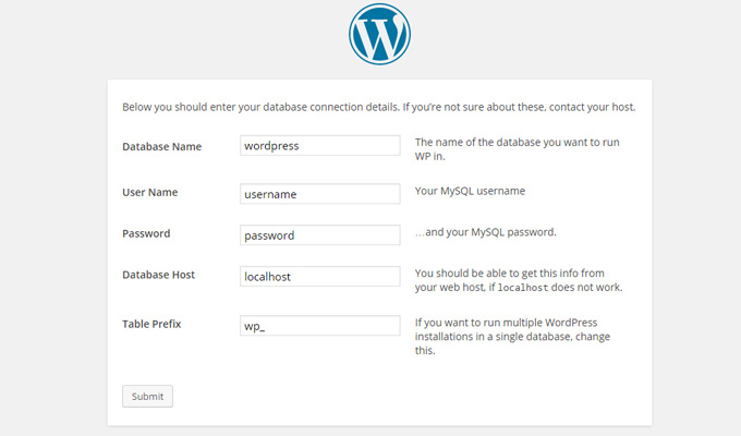 wordpress install database info page