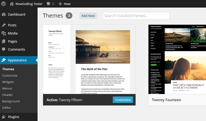 wordpress themes list dashboard page