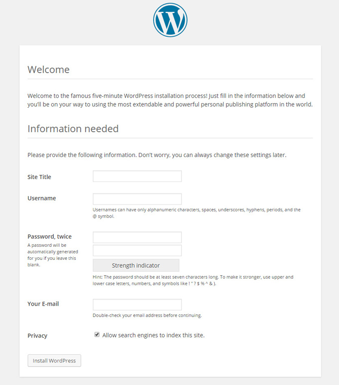 full wordpress setup page info username