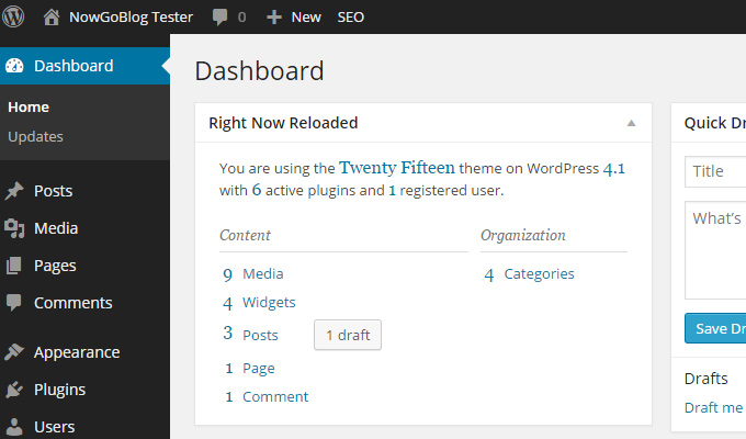 wordpress right now dashboard reloaded