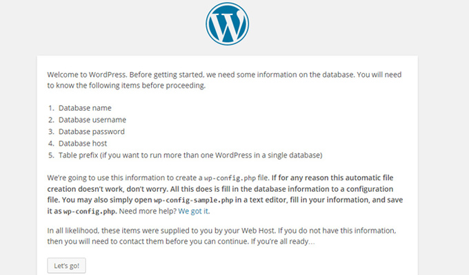 wordpress database setup message info