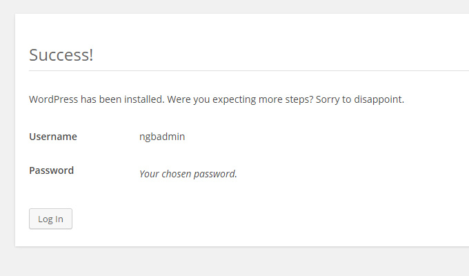 wordpress success install message