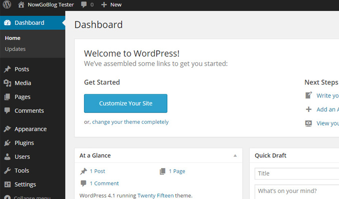 wordpress final setup dashboard first peek screenshot