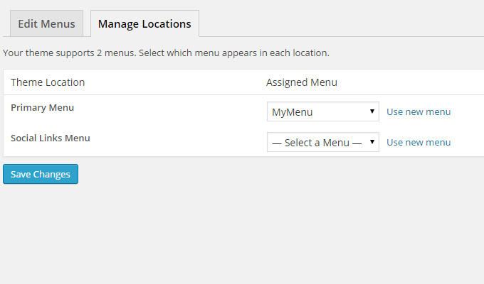 wordpress create primary menu location dashboard