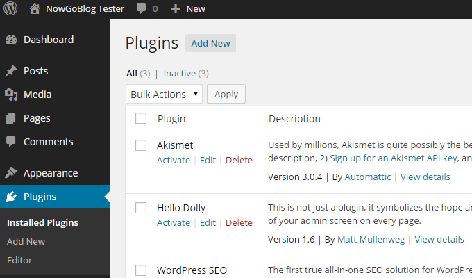 wordpress dashboard plugins list screen