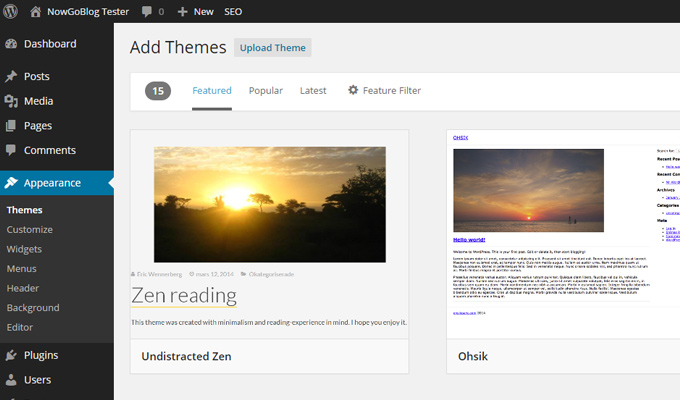 wordpress add new themes dashboard menu