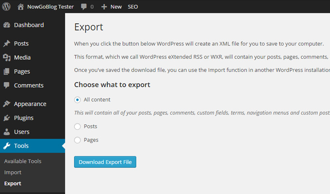 wordpress export tools menu