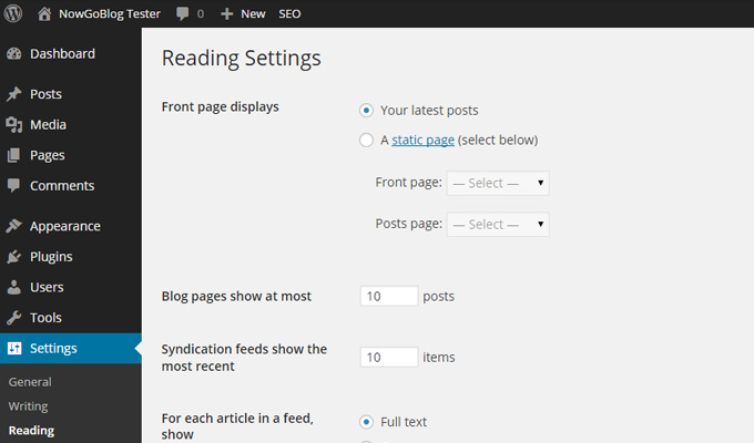 wordpress settings reading menu config