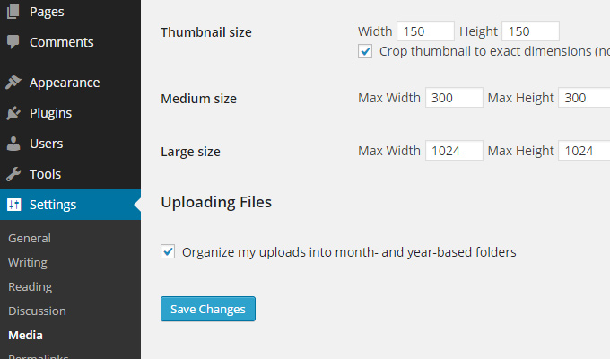 wordpress settings panel media uploads info