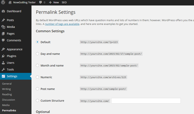 wordpress permalink settings menu panel